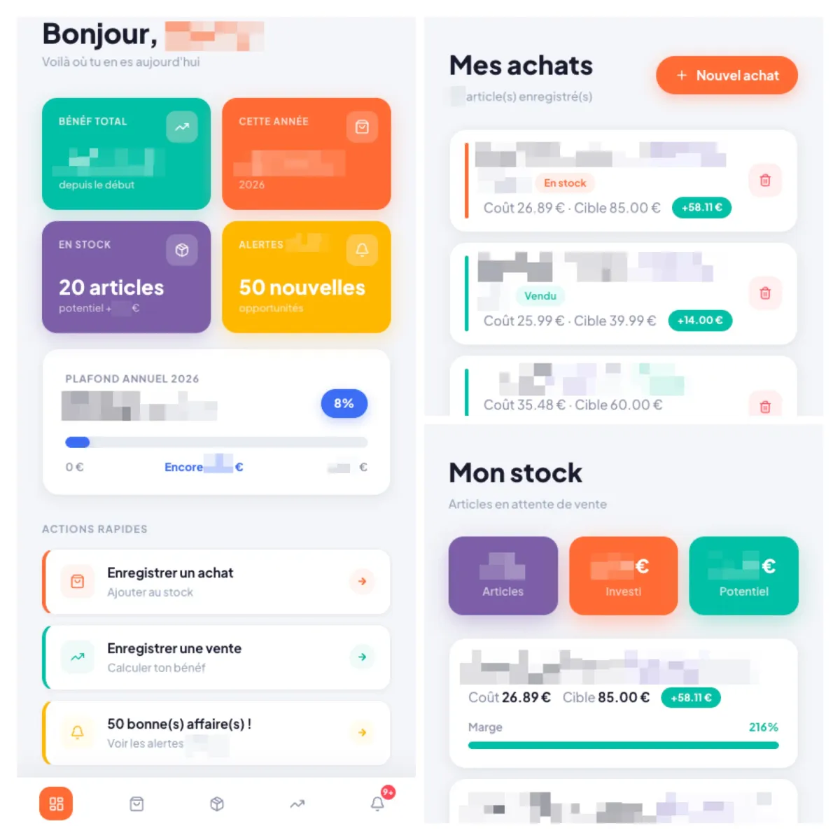 Interface d'une application web de gestion de revente : tableau de bord avec bénéfices et stock, liste des achats et suivi des marges par article