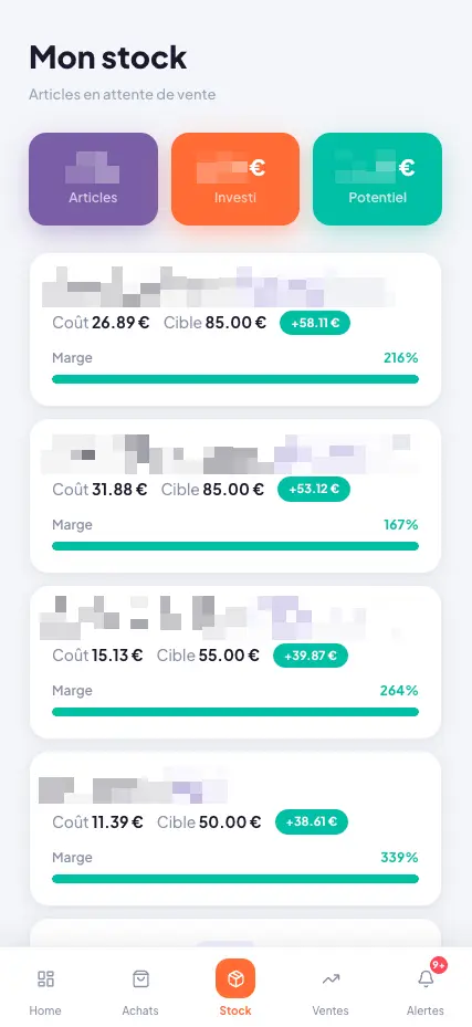Stock en attente de vente avec coût, prix cible et barre de marge colorée par article