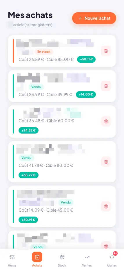 Liste des achats avec statut en stock ou vendu, coût, prix cible et badge de bénéfice par article