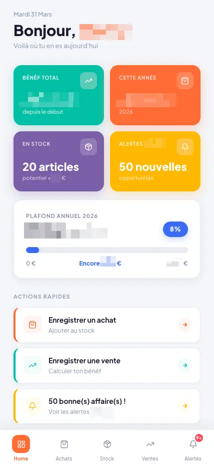 Tableau de bord de l'application : bénéfice total, articles en stock, progression vers le plafond annuel et actions rapides
