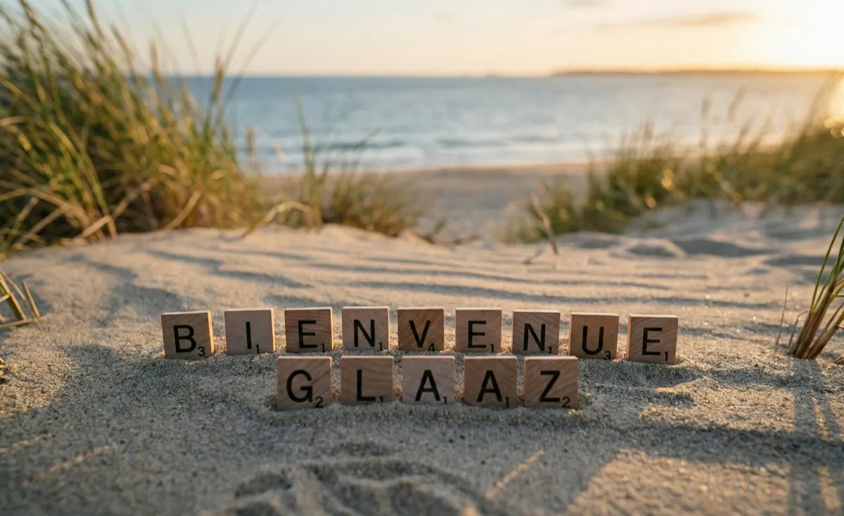 Lettres de Scrabble formant BIENVENUE GLAAZ posées sur le sable d'une plage au coucher de soleil