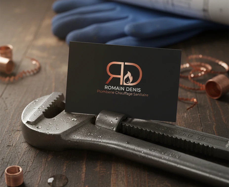 Carte de visite plombier chauffagiste fond sombre posée sur une clé à molette avec raccords cuivre
