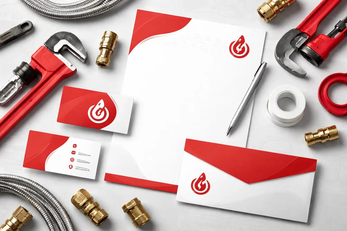 Flat lay de supports de communication coordonnés : carte de visite, papier en-tête et enveloppe avec la même identité visuelle