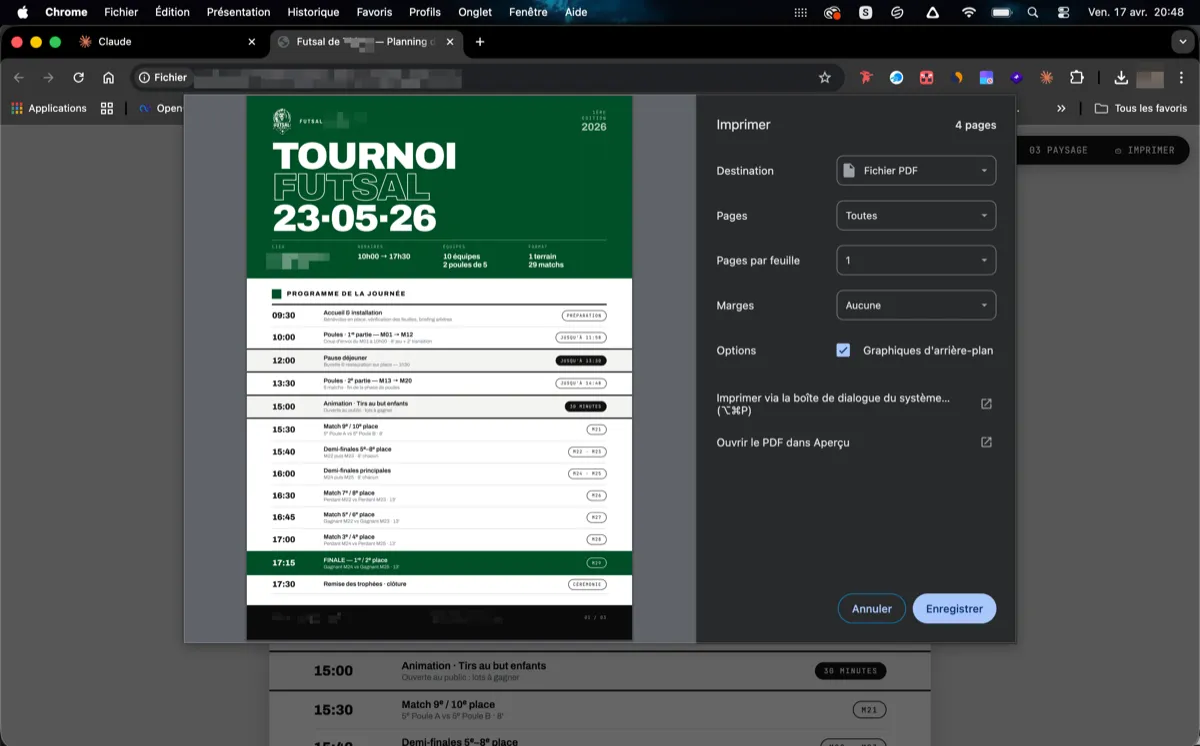 Programme de tournoi de futsal généré par Claude Design en quelques minutes, affiché à l'écran avant export PDF