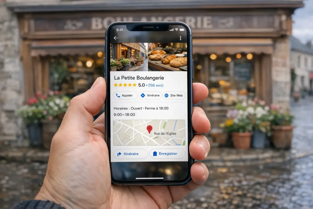 Main tenant un iPhone qui affiche la fiche Google d'une boulangerie devant la devanture du commerce dans une rue pavée