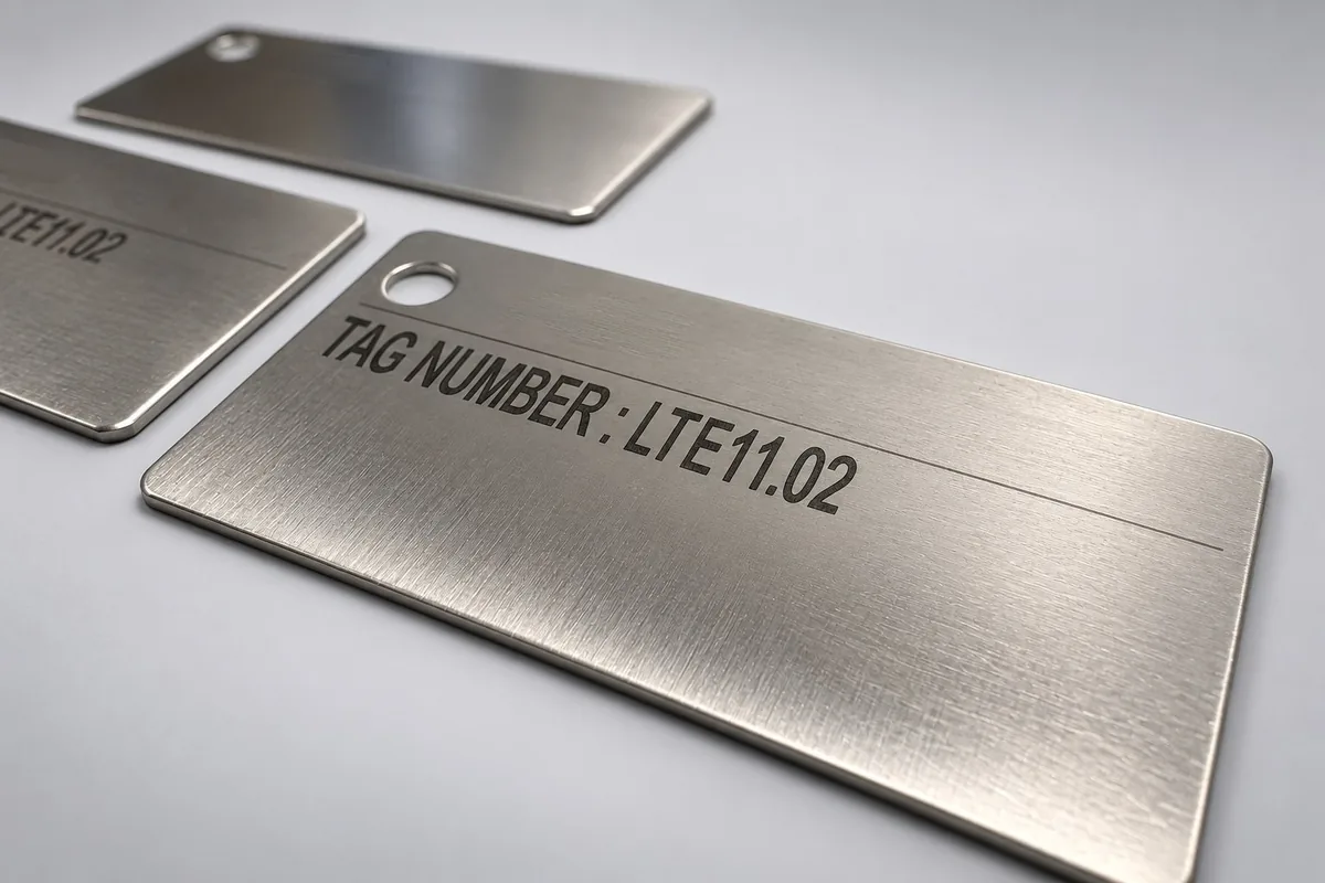 Plaques de repérage en inox brossé marquées au laser en noir, avec la référence « TAG NUMBER : LTE11.02 » et un trait de séparation