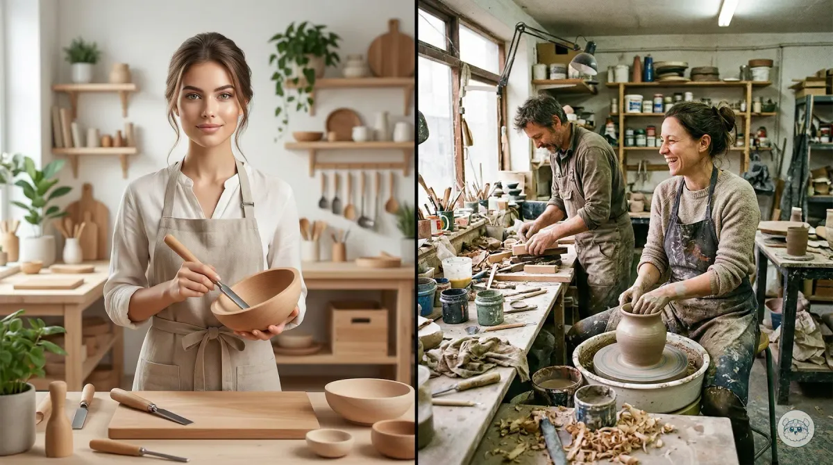 À gauche, visuel IA trop parfait d'une artisane en atelier immaculé. À droite, vraie photo de deux potiers au travail dans un atelier encombré et vivant.