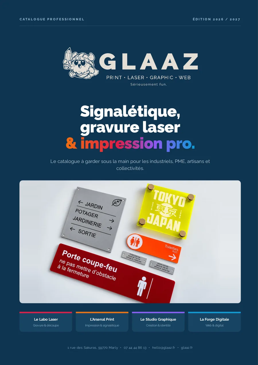 Couverture du catalogue professionnel GLAAZ 2026/2027 : signalétique, gravure laser et impression pro