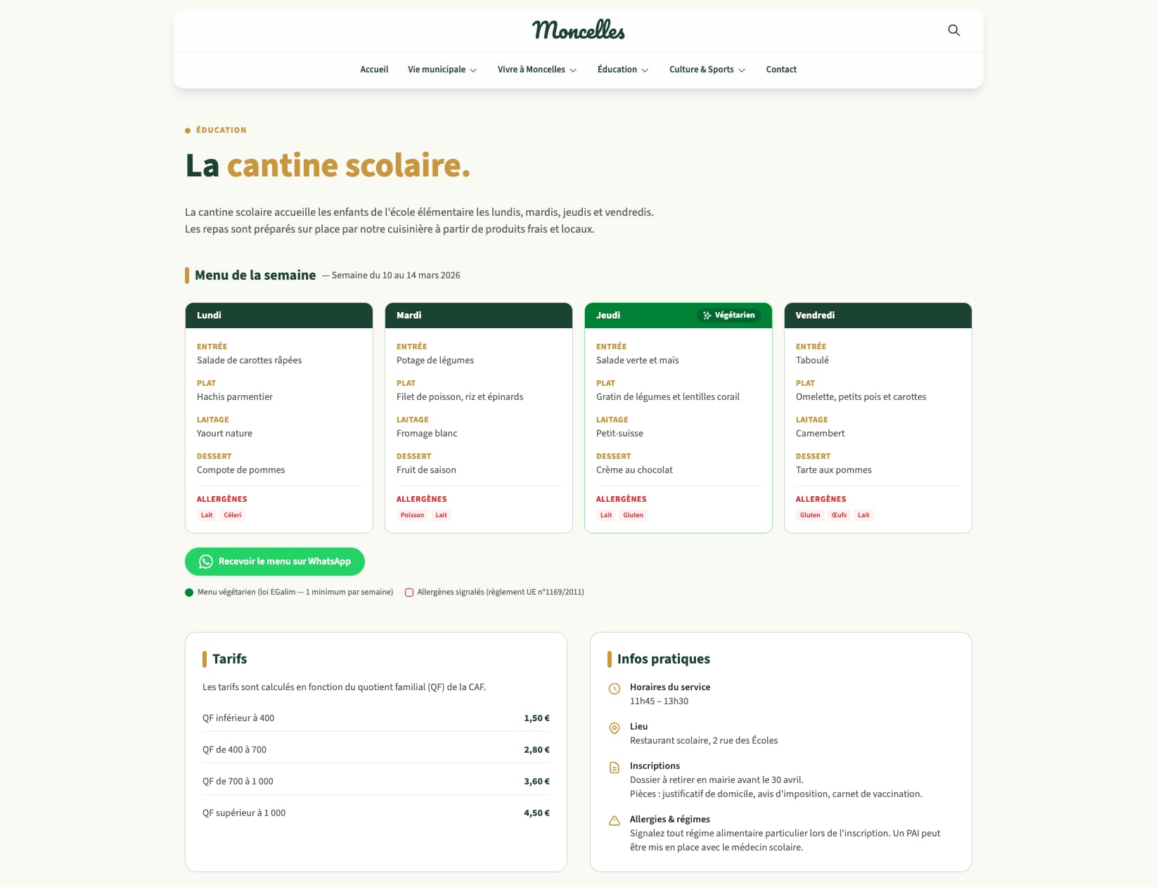 Démo site mairie — Menu cantine & allergènes