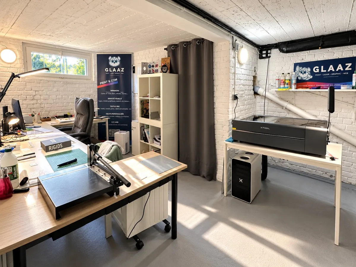 L'atelier GLAAZ à Marly avec la xTool P2S sur sa table, le bureau de préparation et la cisaille