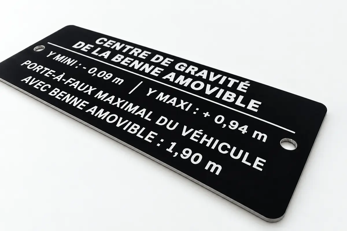 Plaque noire gravée en blanc indiquant le centre de gravité d'une benne amovible