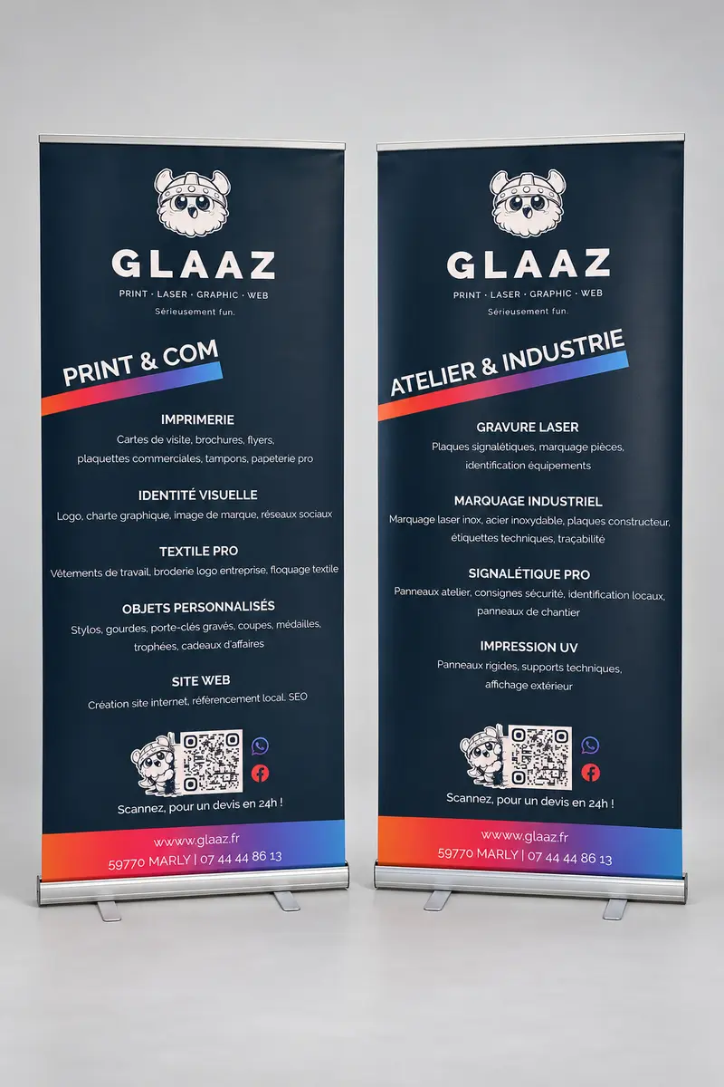 Deux roll-ups GLAAZ présentant les services Print & Com et Atelier & Industrie