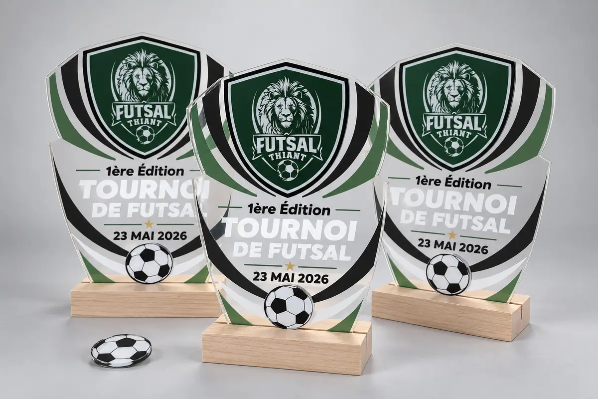 Trois trophées de tournoi de futsal en plexi découpé à la forme, imprimés en couleur
